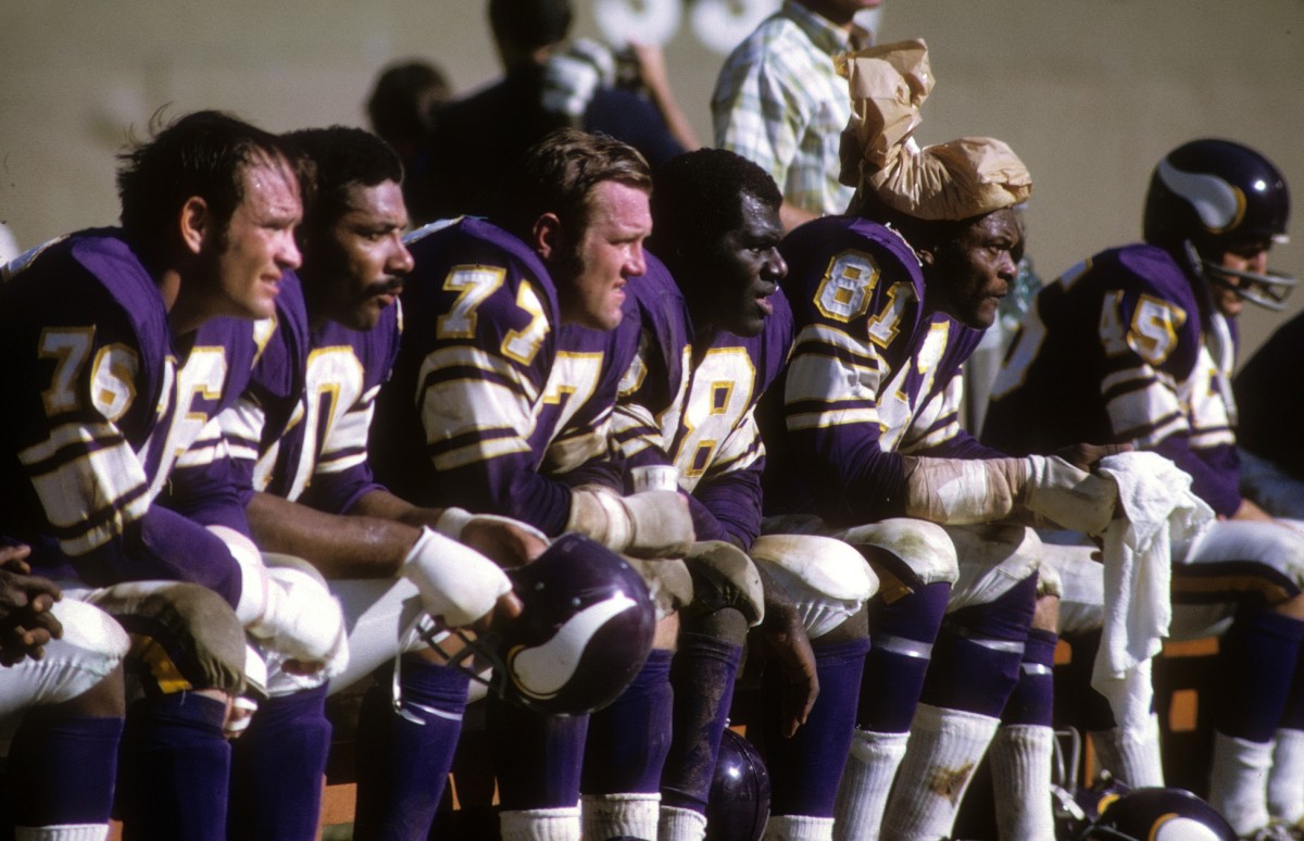 Oct 19, 1969; St. Louis, MO, USA; FILE PHOTO; Minnesota Vikings defensive line sits on the bench during a game against the St. Louis Cardinals. Seated on the bench are (left to right) Paul Dickson (76) , Jim Marshall (70), Gary Larsen (77) , Alan Page (88), Carl Eller (81) and defensive back Ed Sharockman (45).