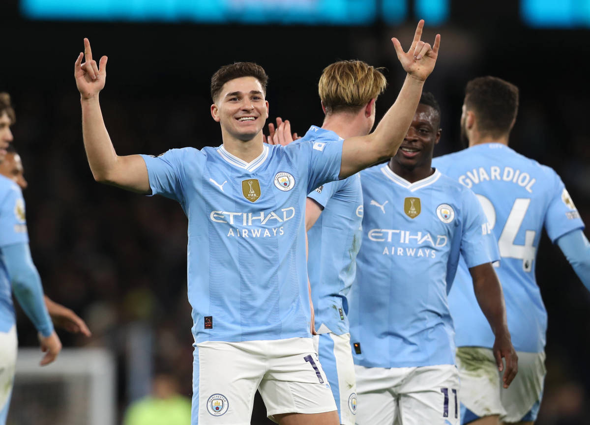 Julian Alvarez pictured (center) celebrating after scoring two goals for Manchester City in a 3-1 win over Burnley in January 2024