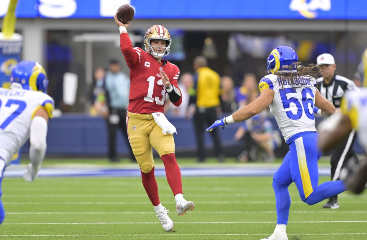 Sep 17, 2023; San Francisco 49ers quarterback Brock Purdy (13) throws a pass against the Los Angeles Rams. Mandatory Credit: Jayne Kamin-Oncea-USA TODAY