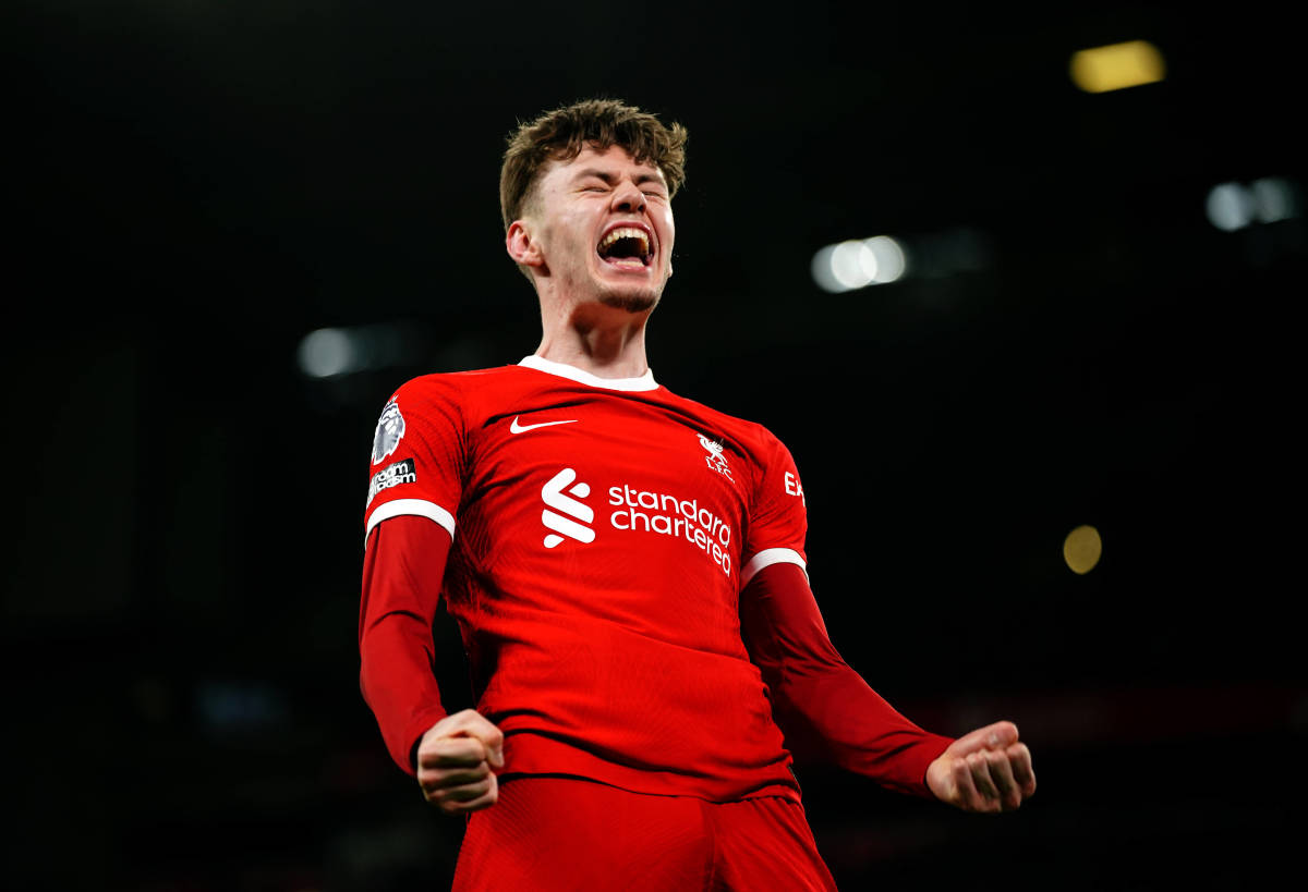 Conor Bradley pictured celebrating after scoring the first goal of his Liverpool career in a 4-1 win over Chelsea in January 2024