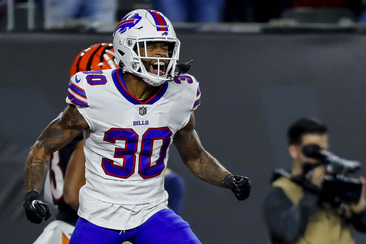 Buffalo Bills cornerback Dane Jackson (30) reacts after breaking up a pass intended for Cincinnati Bengals wide receiver Tyler Boyd (not pictured) in the first half at Paycor Stadium.
