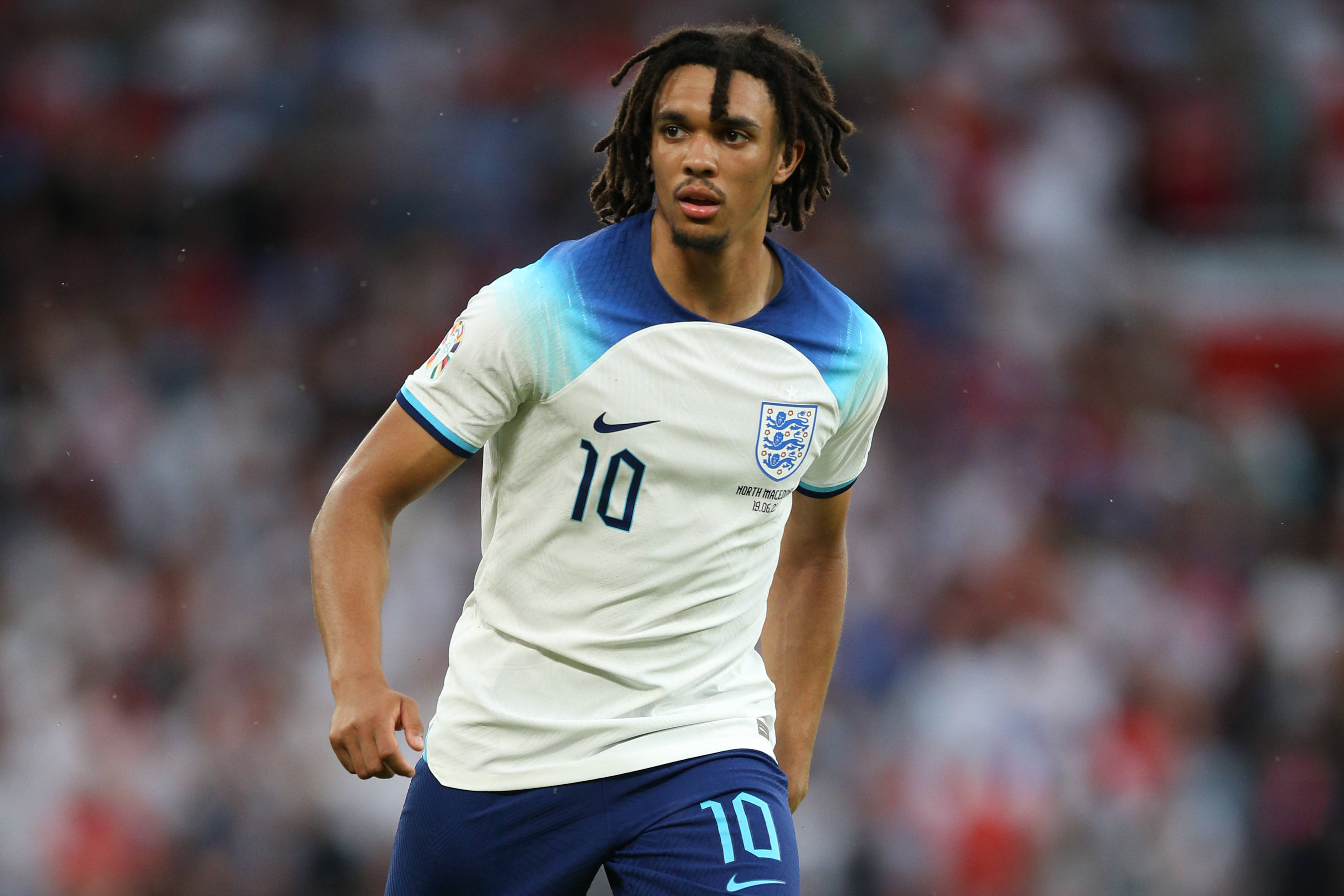 Trent Alexander-Arnold pictured wearing the no.10 jersey for England vs. North Macedonia in June 2023
