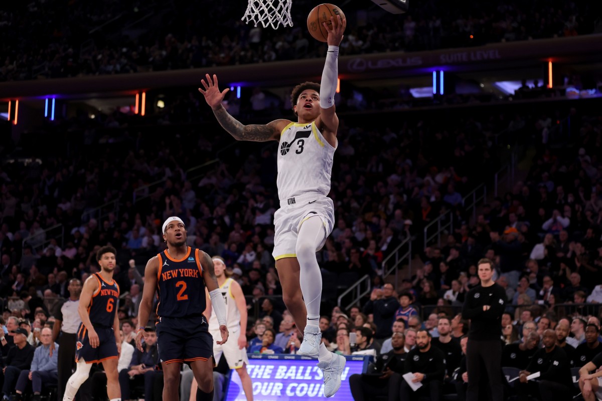 Jan 30, 2024; New York, New York, USA; Utah Jazz guard Keyonte George (3) drives to the basket against New York Knicks guard Miles McBride (2) during the fourth quarter at Madison Square Garden.