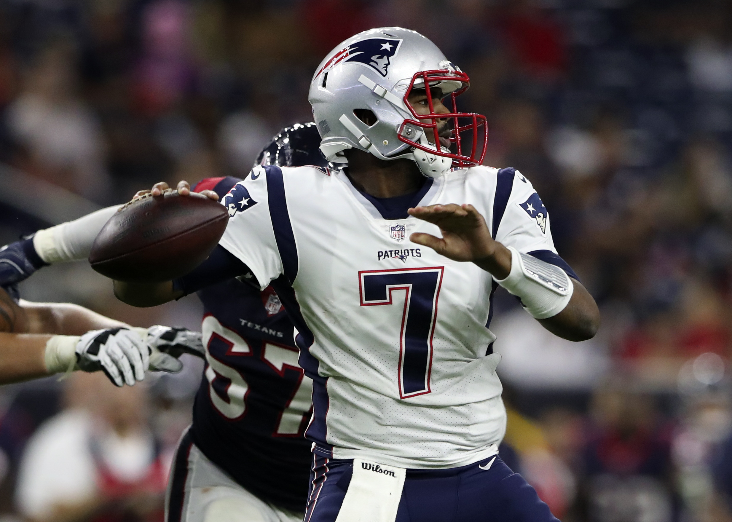 Aug 19, 2017; Houston, TX, USA; New England Patriots quarterback Jacoby Brissett (7) throws during the second half against the Houston Texans at NRG Stadium. 
