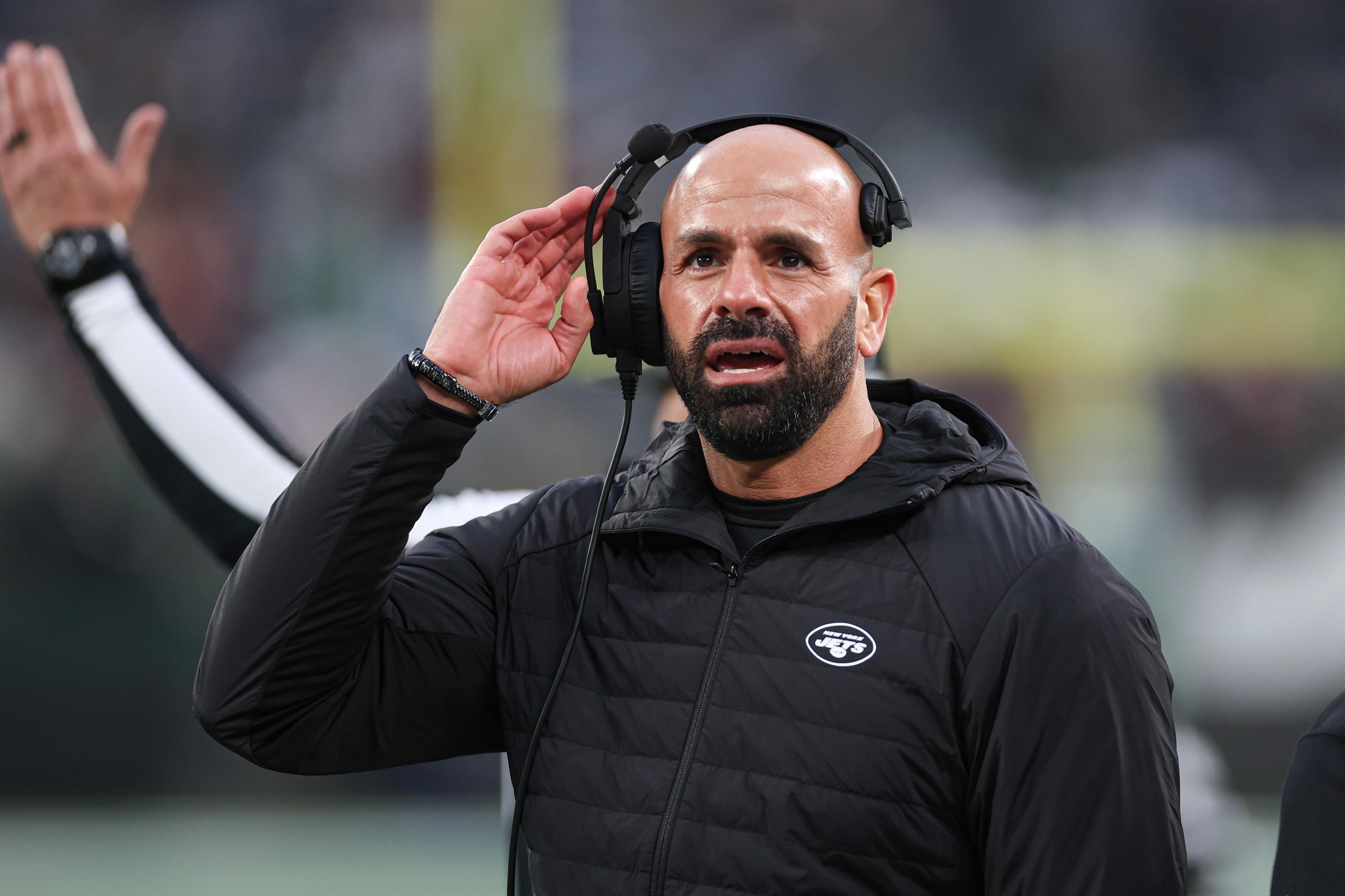 Dec 24, 2023; East Rutherford, New Jersey, USA; New York Jets head coach Robert Saleh reacts during the second half against the Washington Commanders at MetLife Stadium.
