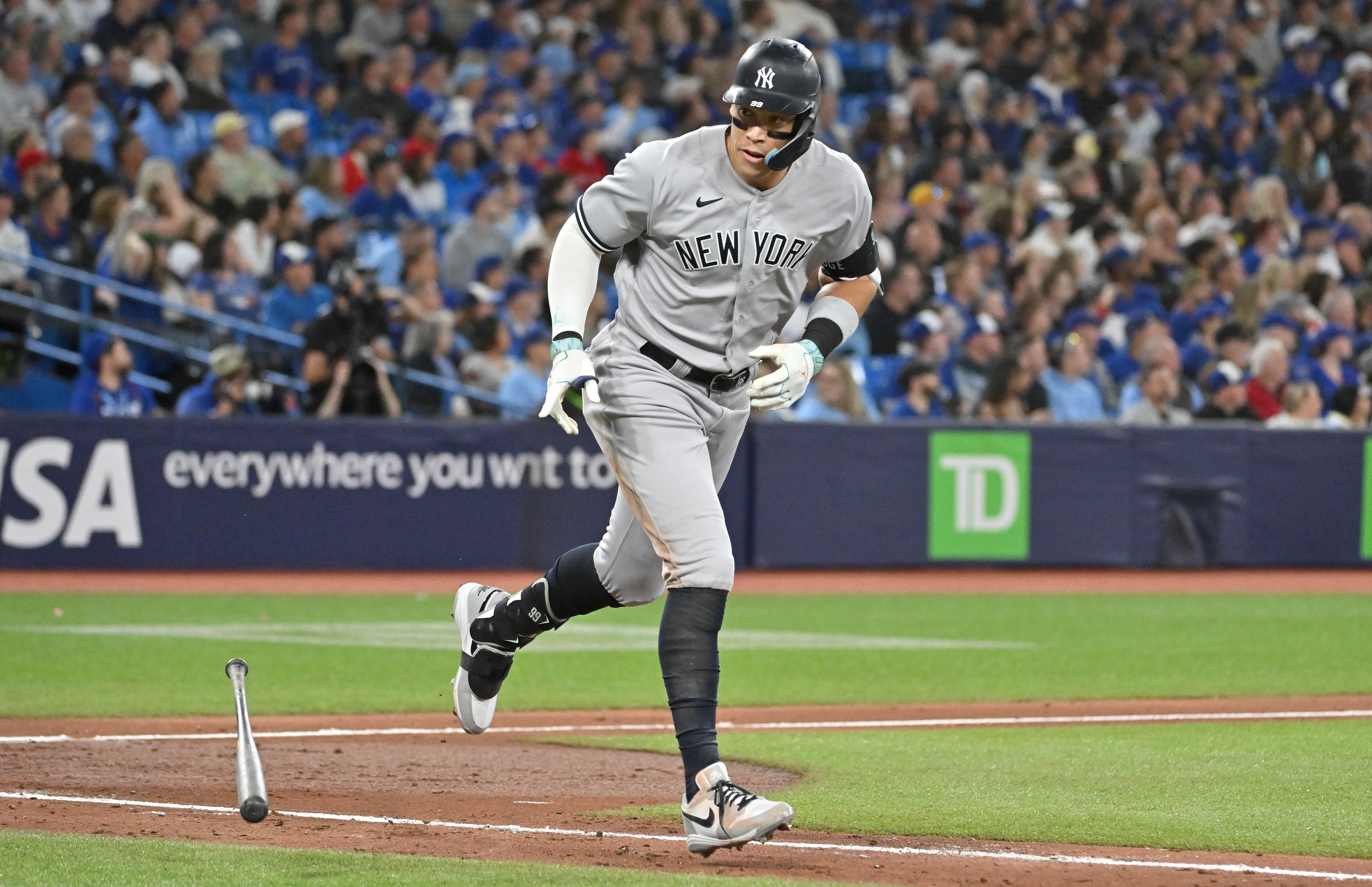 Aaron Judge runs after hitting a two-run home run against the Toronto Blue Jays.