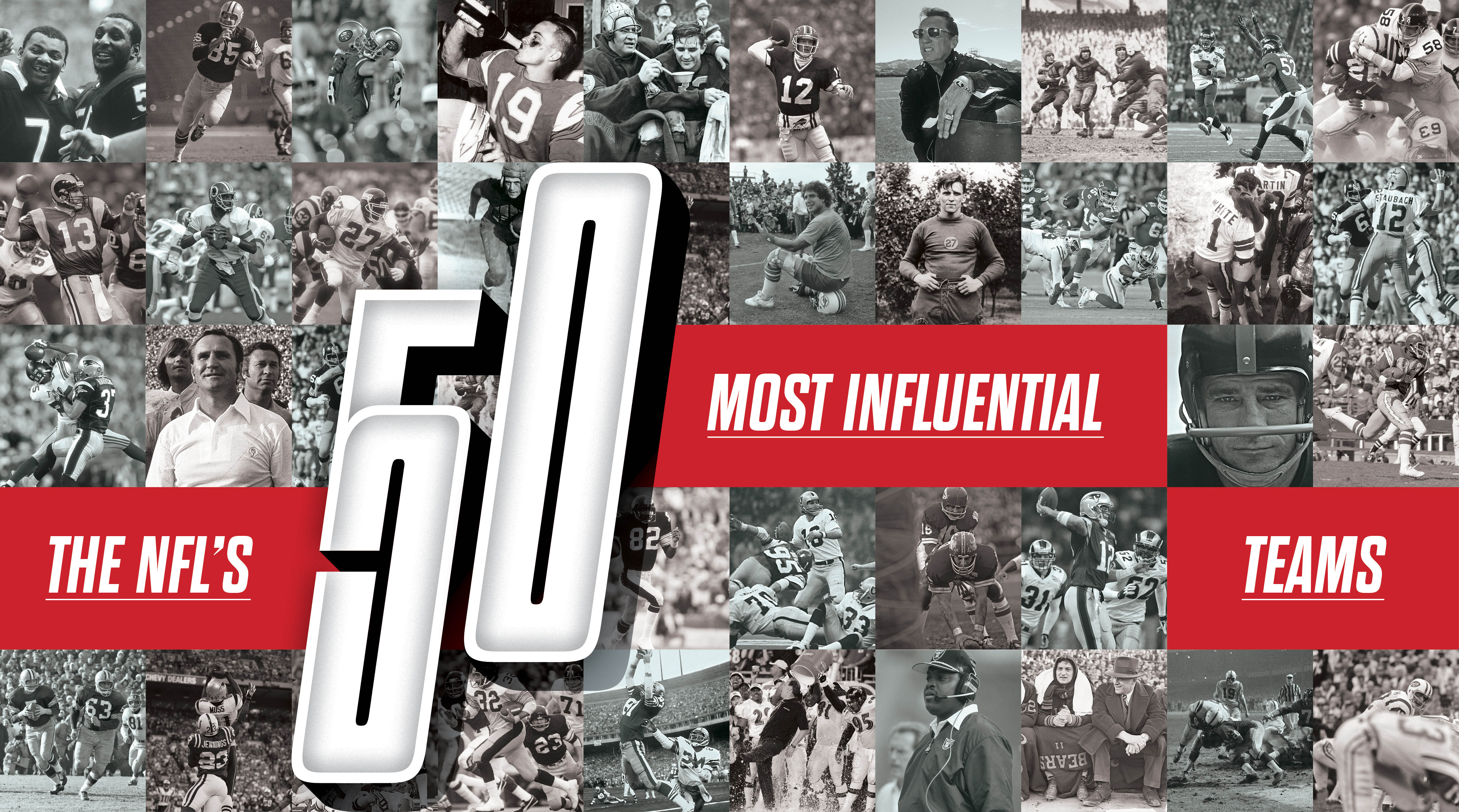 The NFL’s 50 Most Influential Teams text overlayed a collage of black and white football photos