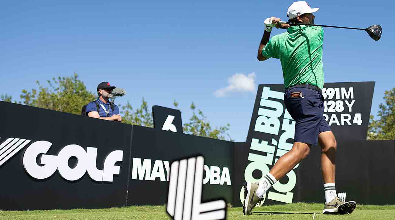 Eugenio Chacarra of Fireballs GC tees off in a pro-am before the start of the 2024 LIV Golf Mayakoba event at the El Camaleón Golf Course in Playa del Carmen, Mexico.