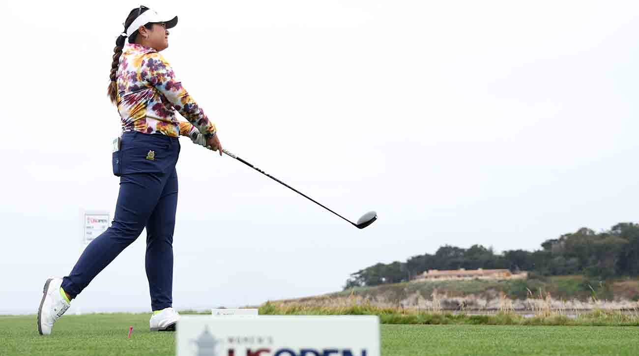 Lilia Vu watches her shot from the 18th tee at the 2023 U.S. Women's Open at Pebble Beach Golf Links in Pebble Beach, Calif.