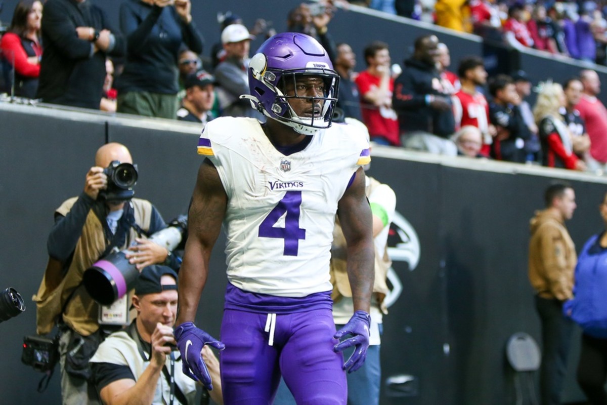 Nov 5, 2023; Atlanta, Georgia, USA; Minnesota Vikings wide receiver Brandon Powell (4) celebrates after a touchdown against the Atlanta Falcons in the second half at Mercedes-Benz Stadium.