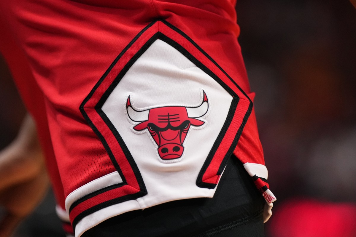  A detailed view of the Chicago Bulls logo on the shorts of Chicago Bulls guard Ayo Dosunmu (12) during the first half against the Miami Heat at Kaseya Cente