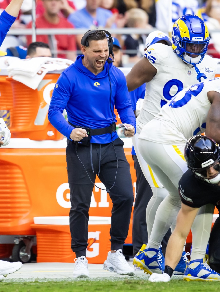 Nov 26, 2023; Glendale, Arizona, USA; Los Angeles Rams pass game coordinator Chris Shula against the Arizona Cardinals at State Farm Stadium.