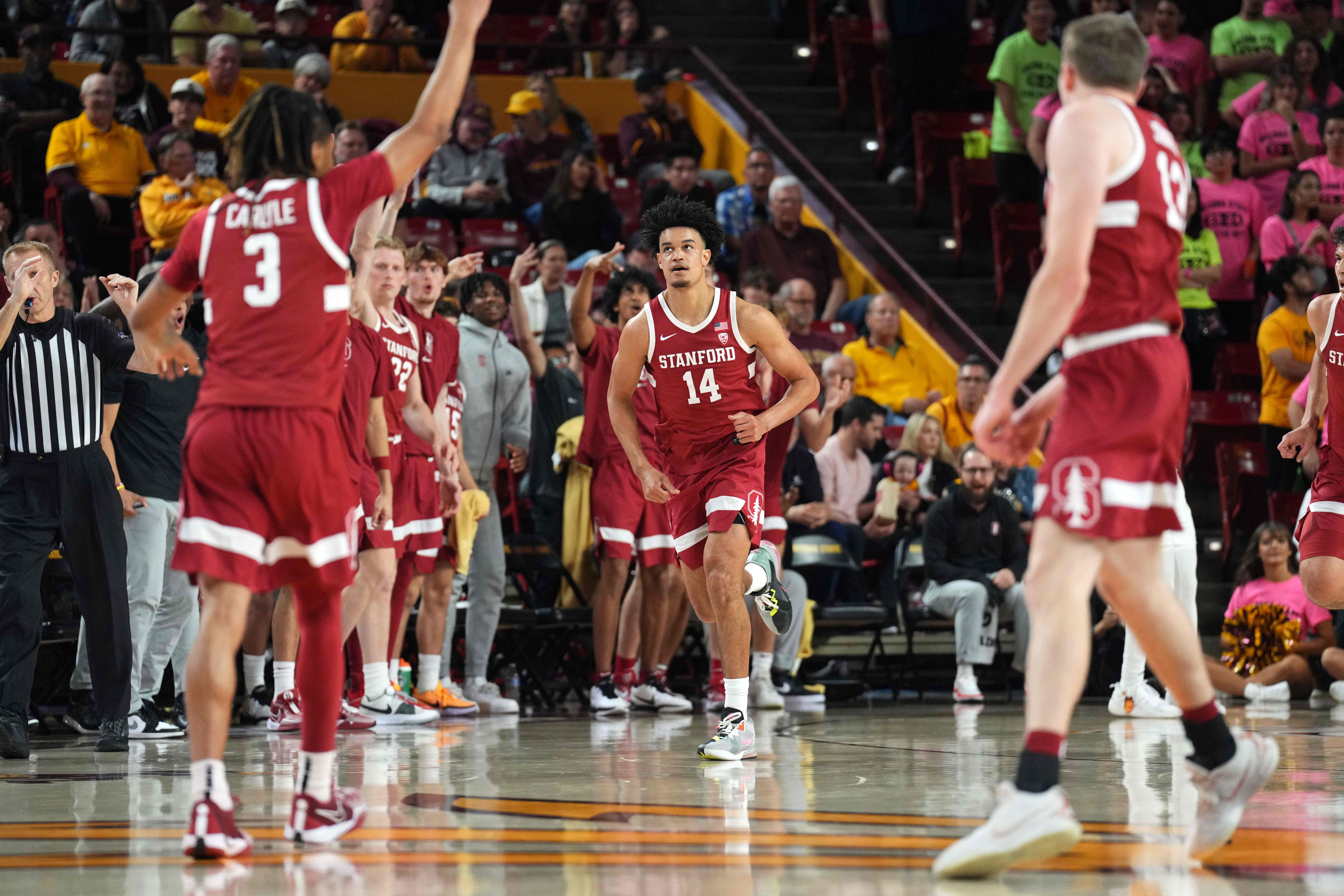 Feb 1, 2024; Tempe, Arizona, USA; Stanford Cardinal forward Spencer Jones (14) reacts after making a three point basket against the Arizona State Sun Devils during the second half at Desert Financial Arena. Mandatory Credit: Joe Camporeale-USA TODAY Sports