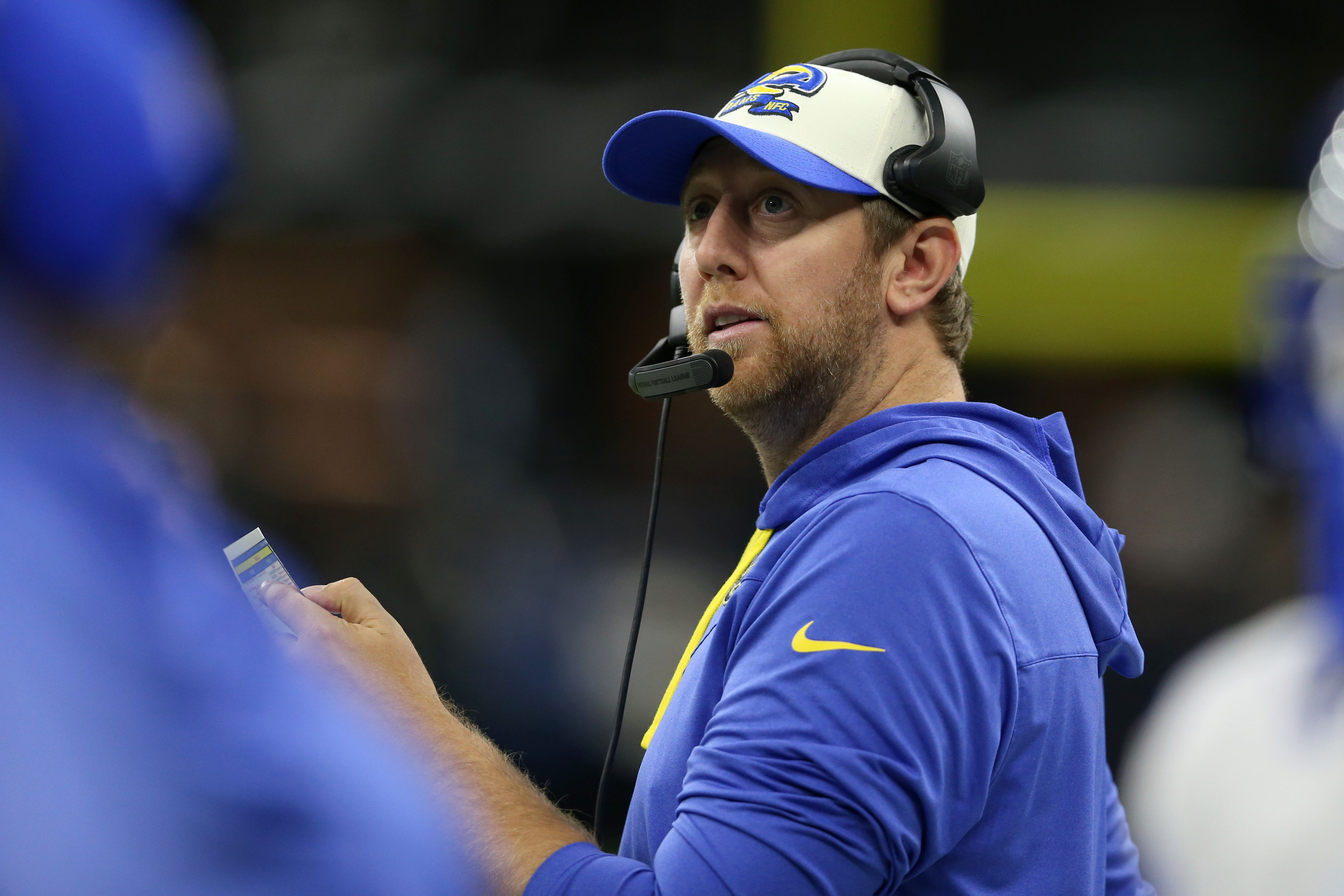 Nov 20, 2022; New Orleans, Louisiana, USA; Los Angeles Rams offensive coordinator Liam Coen in the second quarter against the New Orleans Saints at the Caesars Superdome. 