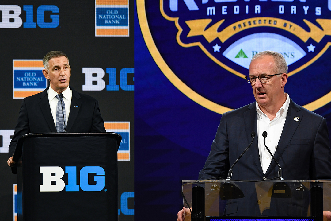 Big Ten Commissioner Tony Petitti (left) and the SEC's Greg Sankey (right).