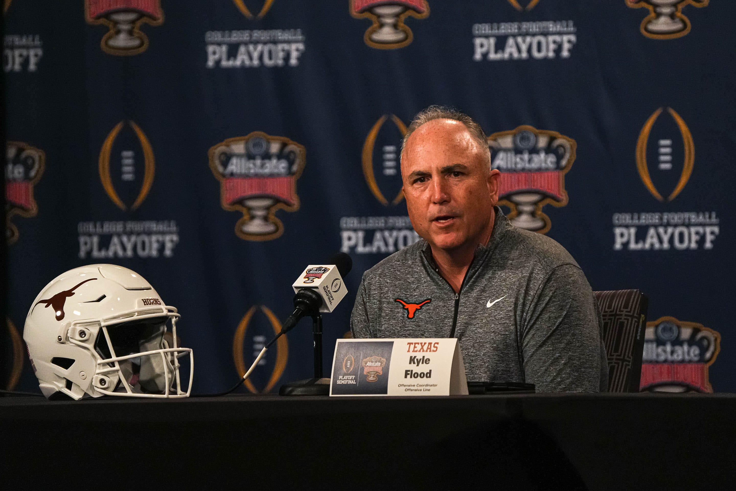 Texas Longhorns offensive coordinator Kyle Flood speaks to media at the Sheraton Hotel on Friday, Dec. 29, 2023 in New Orleans, Louisiana. The Texas Longhorns will face the Washington Huskies in the Sugar Bowl on January 1, 2024.