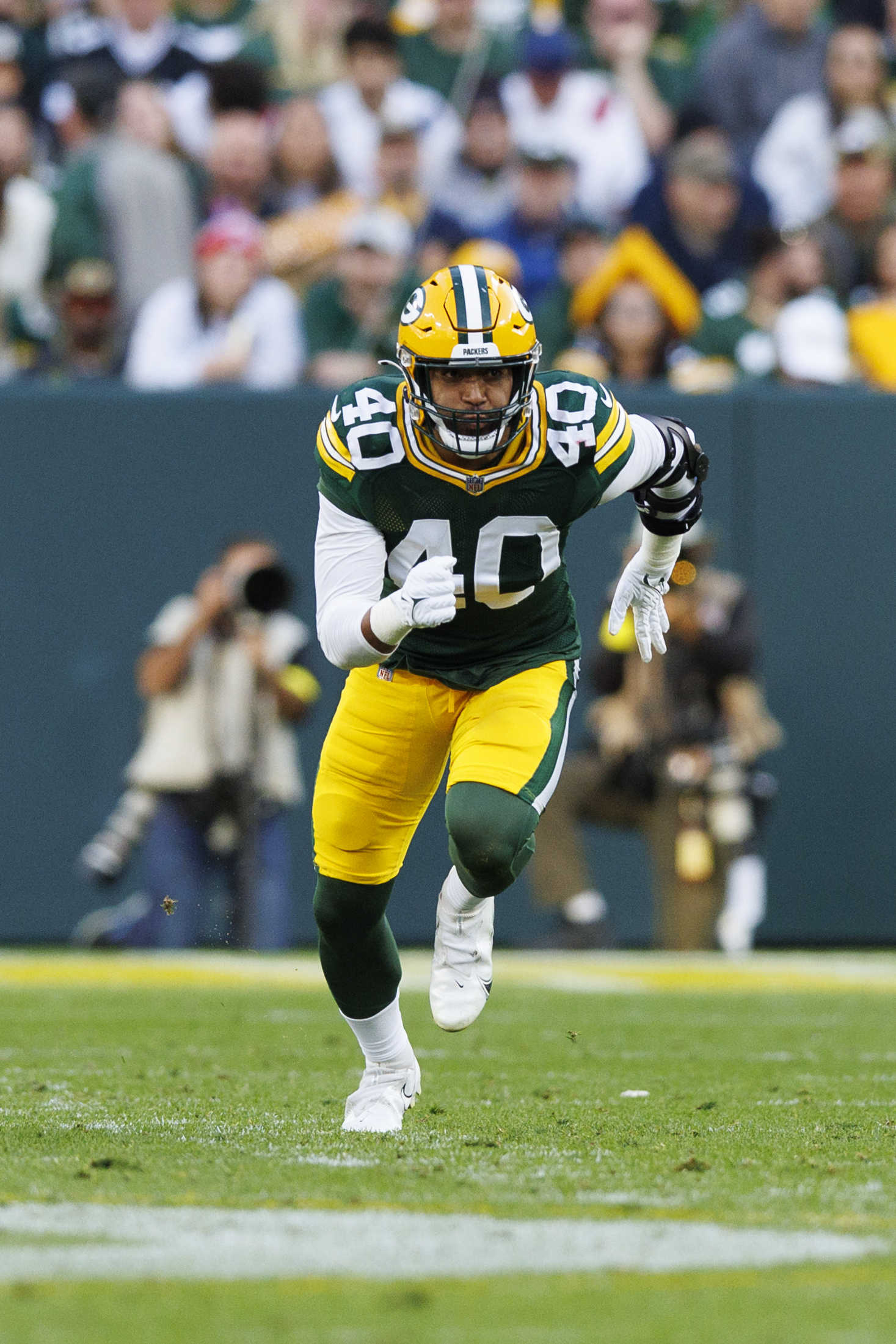 Oct 2, 2022; Green Bay, Wisconsin, USA; Green Bay Packers linebacker Tipa Galeai (40) during the game against the New England Patriots at Lambeau Field. Mandatory Credit: Jeff Hanisch-USA TODAY Sports