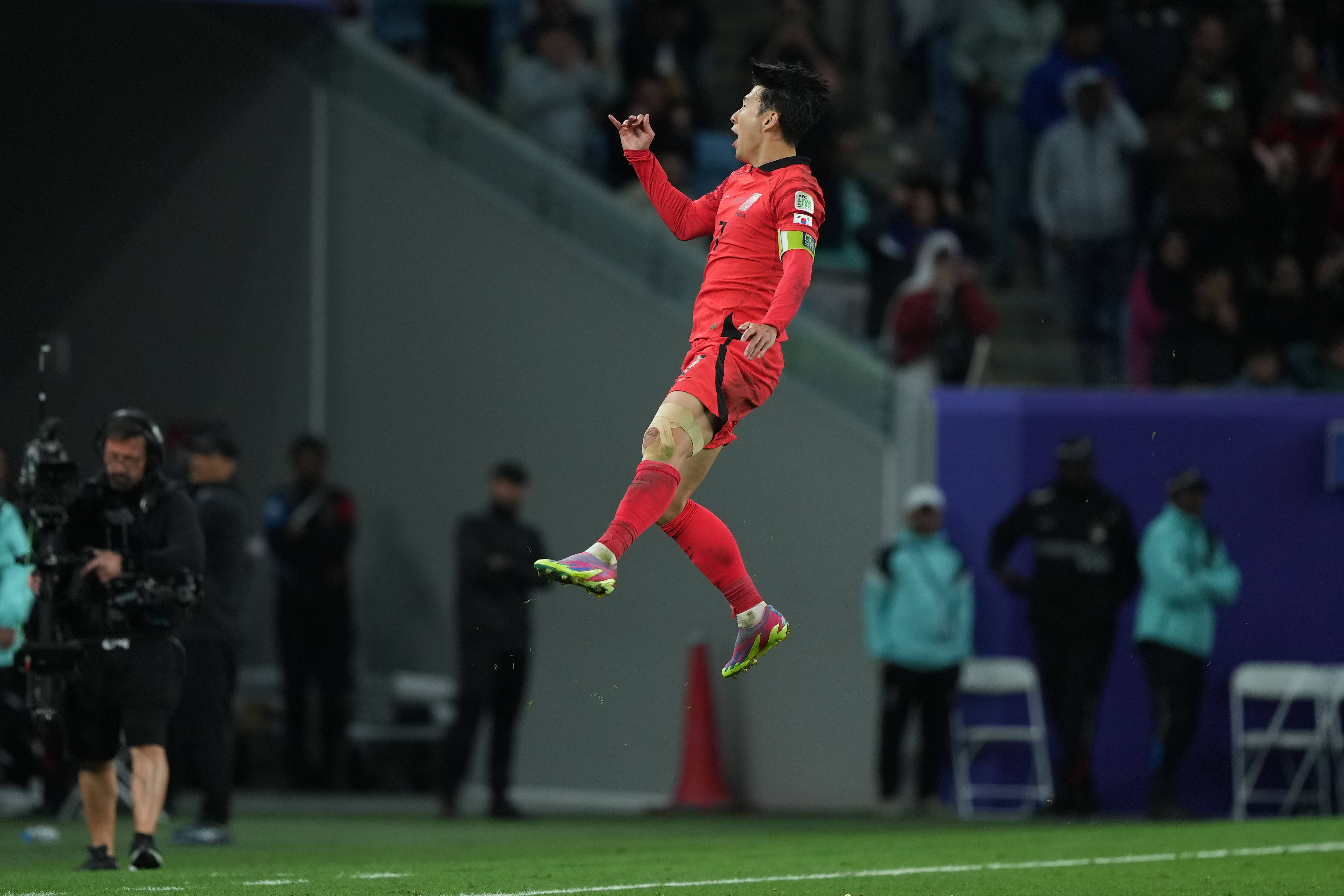 Son Heung-min pictured celebrating after scoring a match-winning free-kick goal for South Korea against Australia in the quarter-finals of the AFC Asian Cup in February 2024