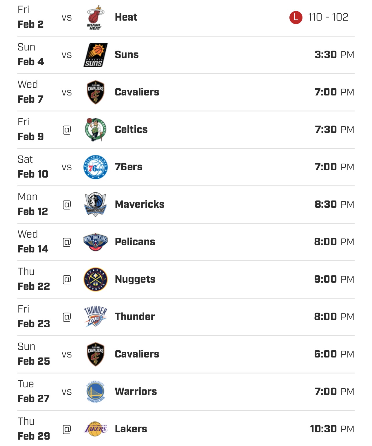 Wizards schedule for the month of February 