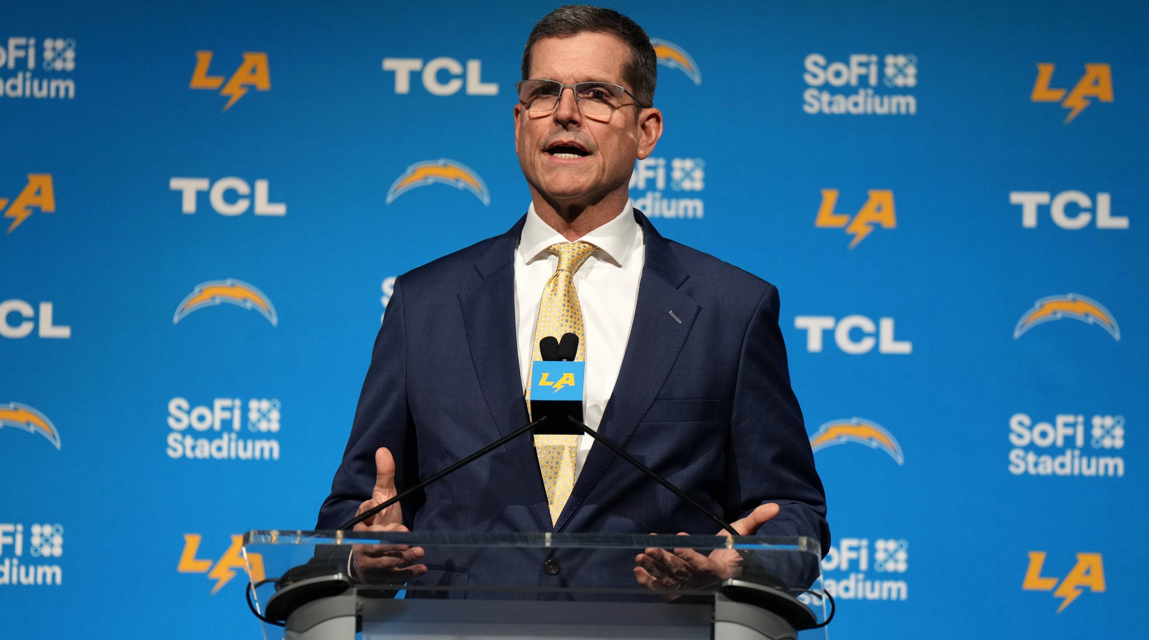 Chargers head coach Jim Harbaugh speaks with the media at his introductory press conference.
