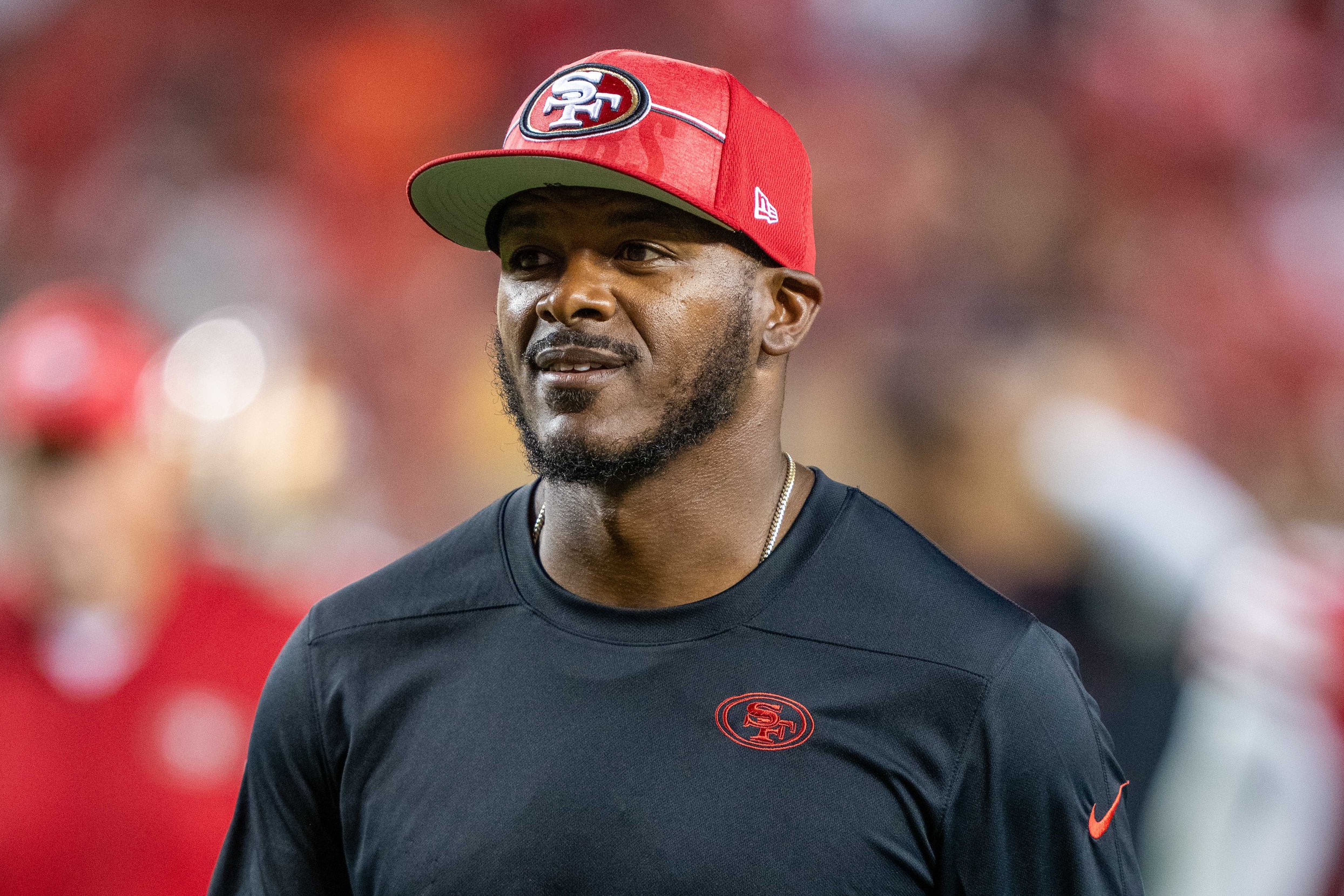 August 19, 2023; San Francisco 49ers wide receivers coach Leonard Hankerson during a game against the Denver Broncos. Mandatory Credit: Kyle Terada-USA TODAY Sports