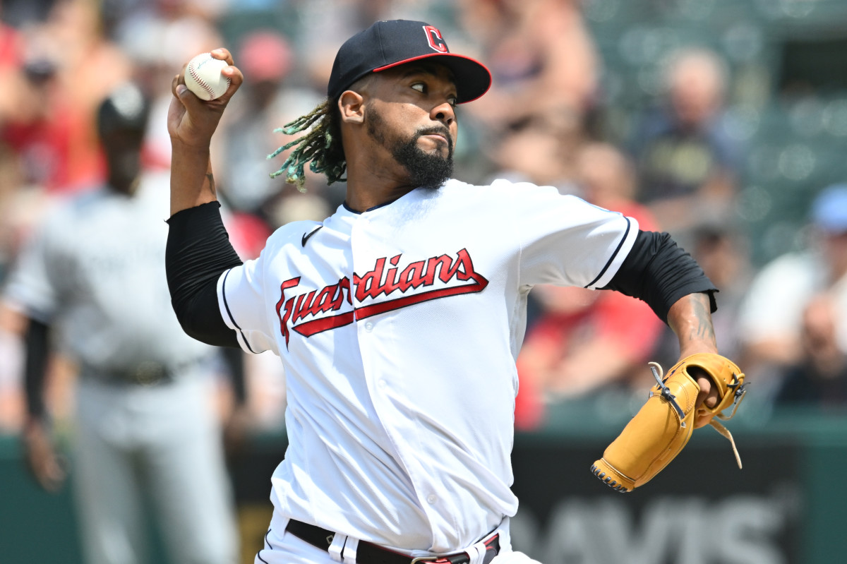 Aug 6, 2023; Cleveland, Ohio, USA; Cleveland Guardians relief pitcher Emmanuel Clase (48) throws a pitch during the ninth inning against the Chicago White Sox at Progressive Field.