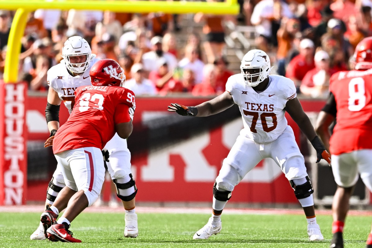 Oct 21, 2023; Houston, Texas, USA; Texas Longhorns offensive lineman Christian Jones (70) in action during the first quarter against the Houston Cougars at TDECU Stadium. Mandatory Credit: Maria Lysaker-USA TODAY Sports  