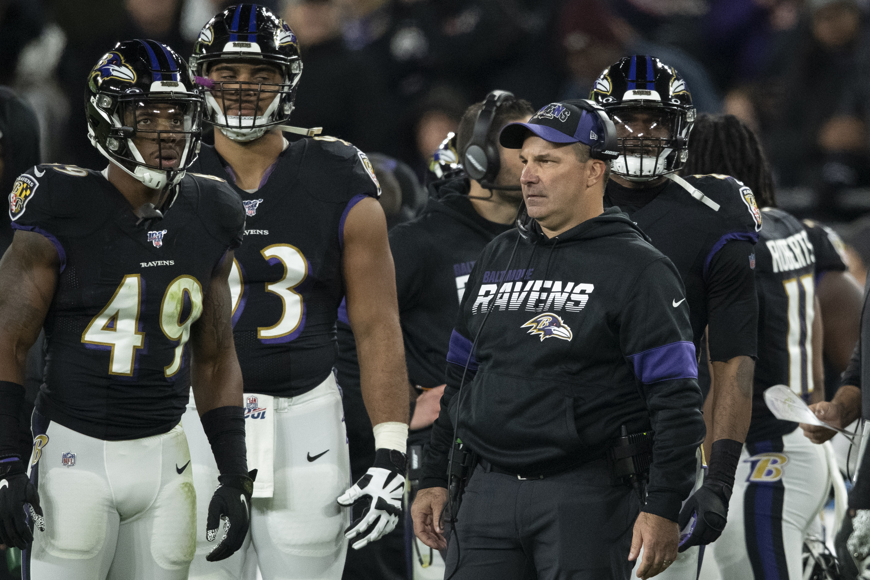 Baltimore Ravens defensive line coach Joe Cullen during the first half against the New England Patriots at M&T Bank Stadium.