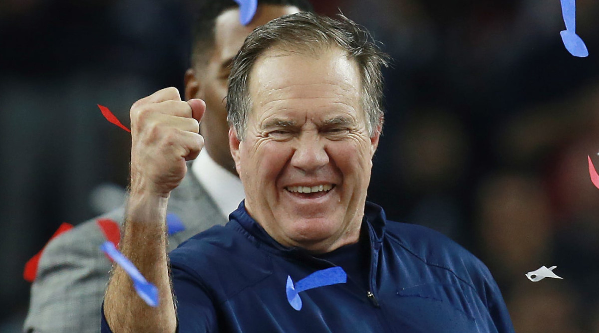Patriots coach Bill Belichick celebrates the team winning Super Bowl LI in 2017.