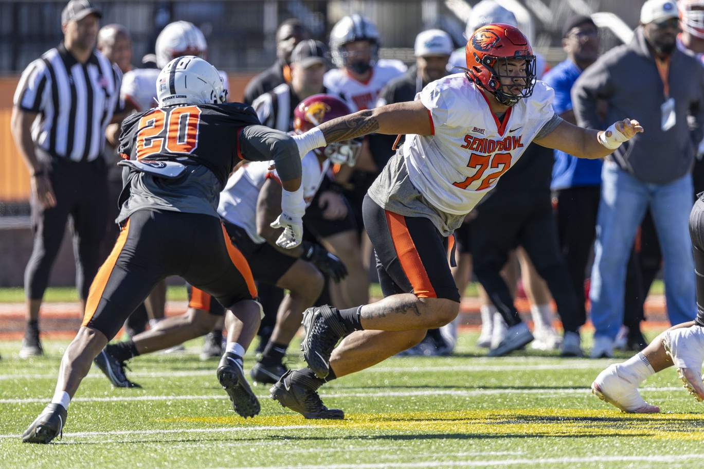 The Las Vegas Raiders would add tremendous size to their offensive line if they were to draft former Oregon State offensive tackle Taliese Fuaga.