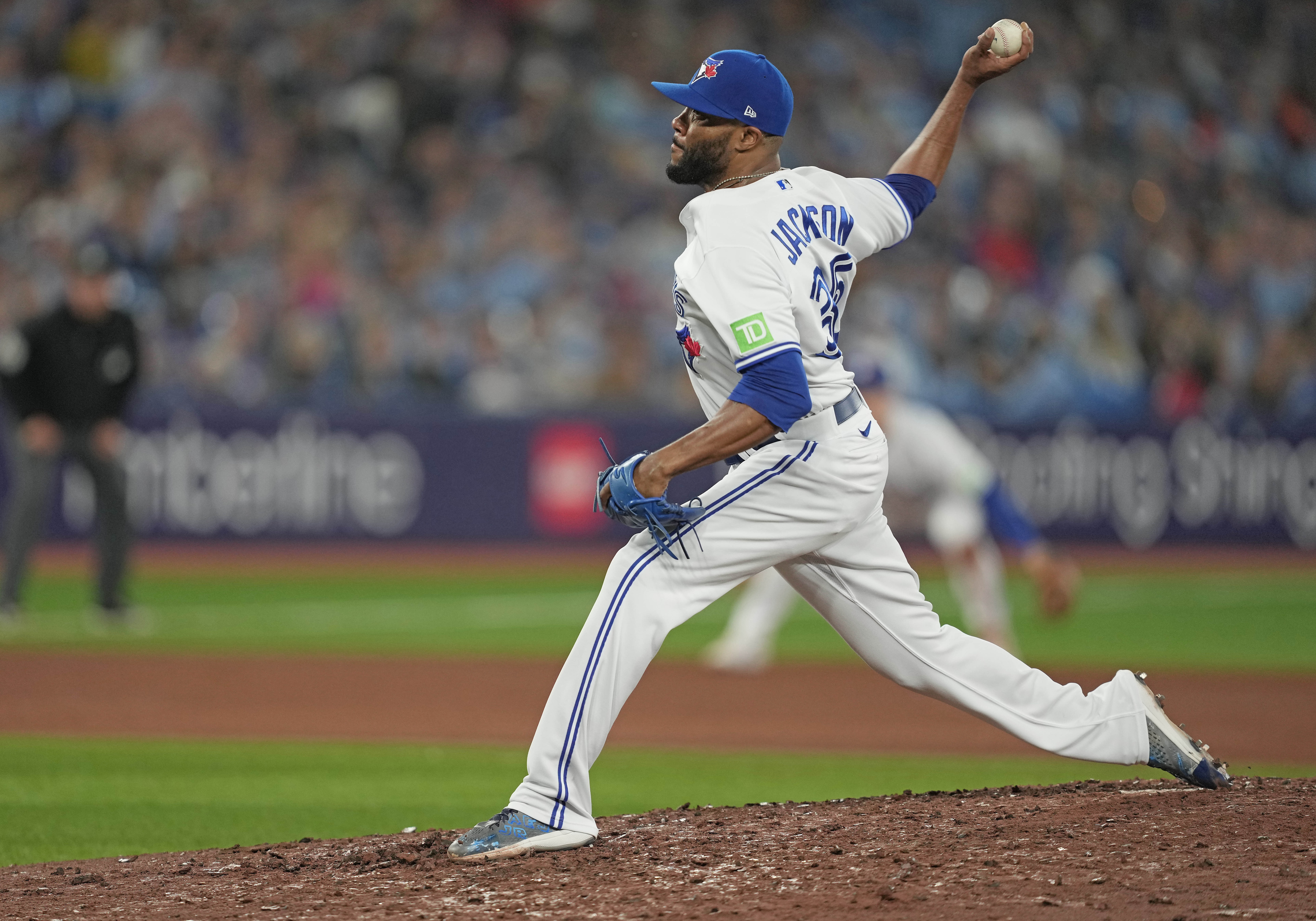 Toronto Blue Jays relief pitcher Jay Jackson (35) throws a pitch against the Tampa Bay Rays during the eighth inning at Rogers Centre in Toronto on Sept. 29, 2023.