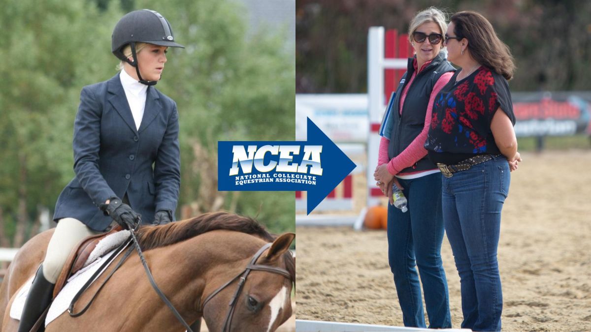 Caroline Kane competed for the Delaware State equestrian program from 2008-12. She returned to her alma mater in 2019 to serve as an assistant coach under Jeff Ridgely, pictured with Kane on the right. Her experience at the NCEA level has been a helping factor in the program's recent success.
