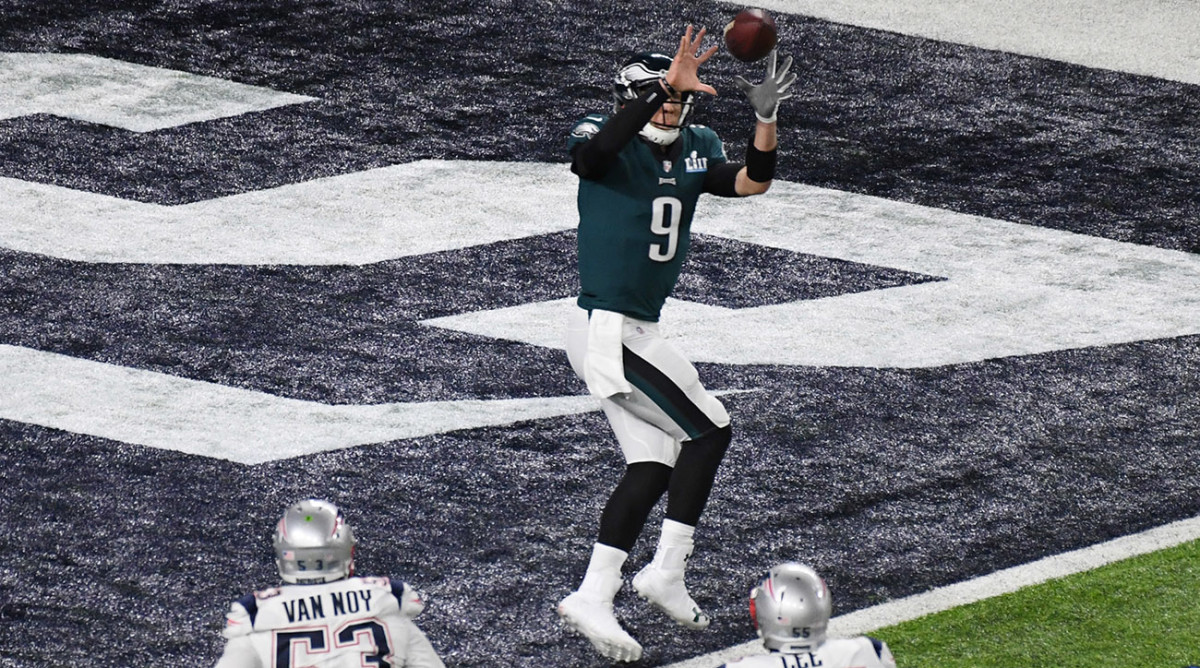 Philadelphia Eagles quarterback Nick Foles catches a touchdown pass in Super Bowl LII.