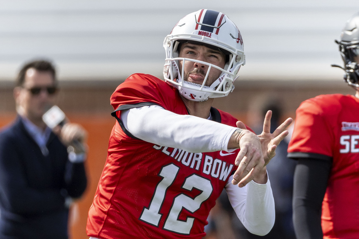 American quarterback Carter Bradley of South Alabama (12) throws the ball during practice.