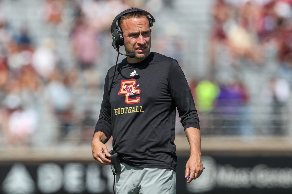 Sep 2, 2023; Chestnut Hill, Massachusetts, USA; Boston College Easgles head coach Jeff Hafley reacts during the second half against the Northern Illinois Huskies at Alumni Stadium.