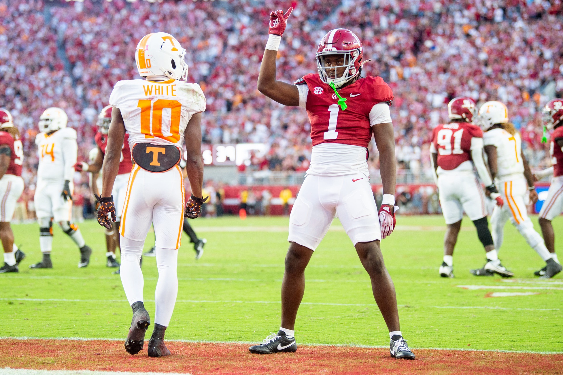Alabama defensive back Kool-Aid McKinstry (1) gestures in celebration after Tennessee failed to convert a 4th down in the fourth quarter of a football game between Tennessee and Alabama at Bryant-Denny Stadium in Tuscaloosa, Ala., on Saturday, Oct. 21, 2023.