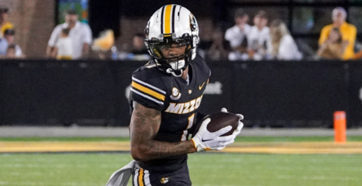Missouri Tigers wide receiver Theo Wease catches a pass during a college football game in the SEC.