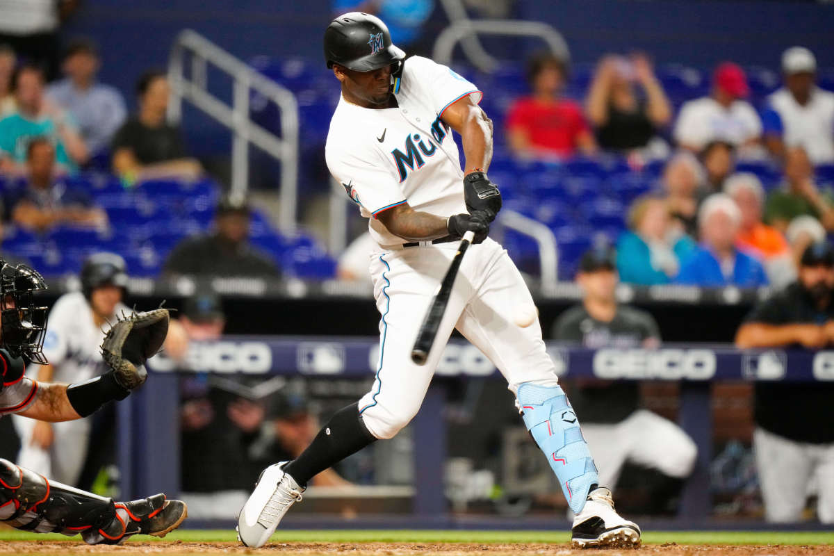 Miami Marlins left fielder Jorge Soler hits a two-run home run against the SF Giants during the seventh inning at loanDepot Park. (2023)