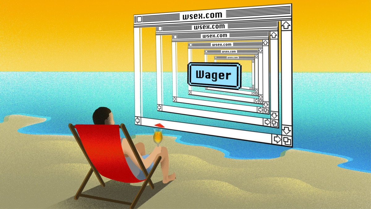 An illustration of a man sitting on the beach with 90s-style internet windows of sports wagers popping up.