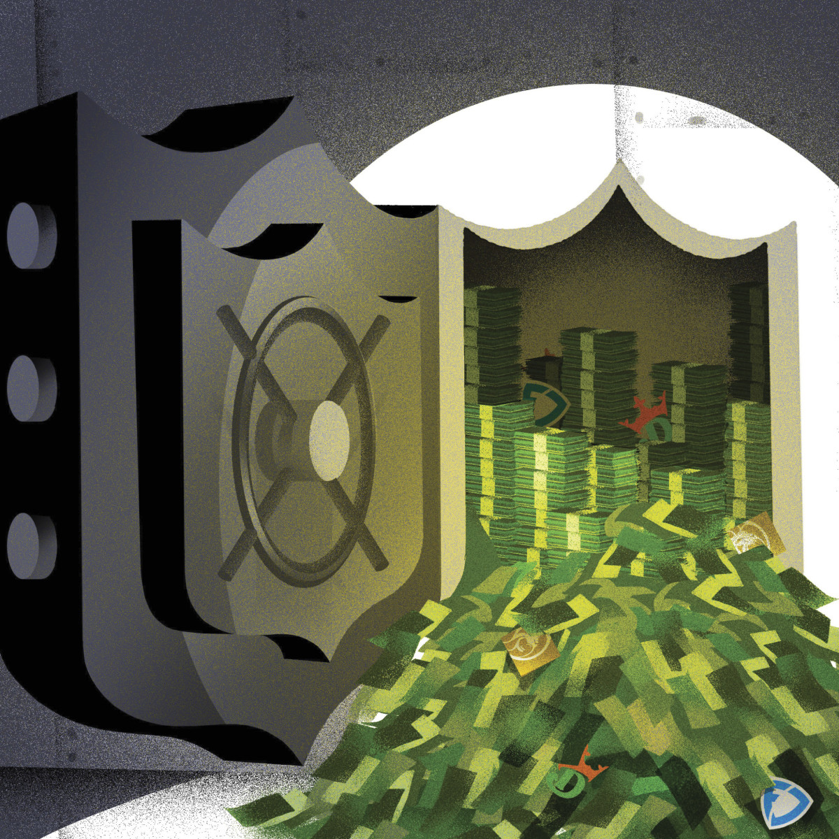 An illustration of a vault shaped like the NFL shield opened with money spilling out and logos of online sports betting sites mixed in.