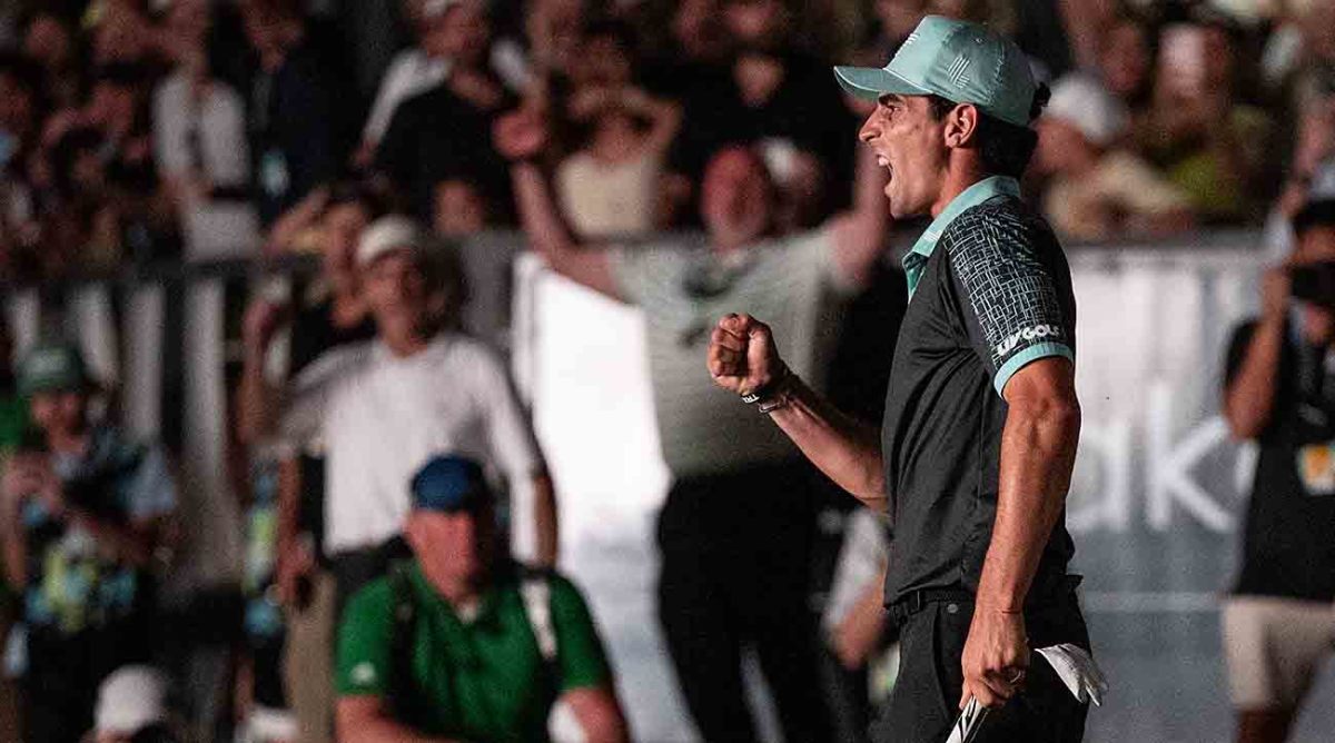 Captain Joaquín Niemann of Torque GC celebrates after making his putt on the fourth playoff hole to win LIV Golf Mayakoba at the El Camaleón Golf Course on Sunday, Feb. 4, 2024. in Playa del Carmen, Mexico.