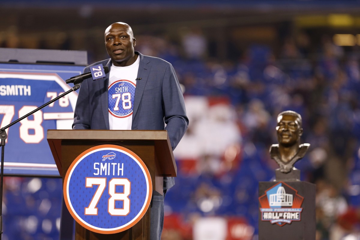 Sep 15, 2016; Orchard Park, NY, USA; Buffalo Bills former player Bruce Smith speaks as his number is retired in a ceremony during halftime against the New York Jets at New Era Field. The Jets beat the Bills 37-31.