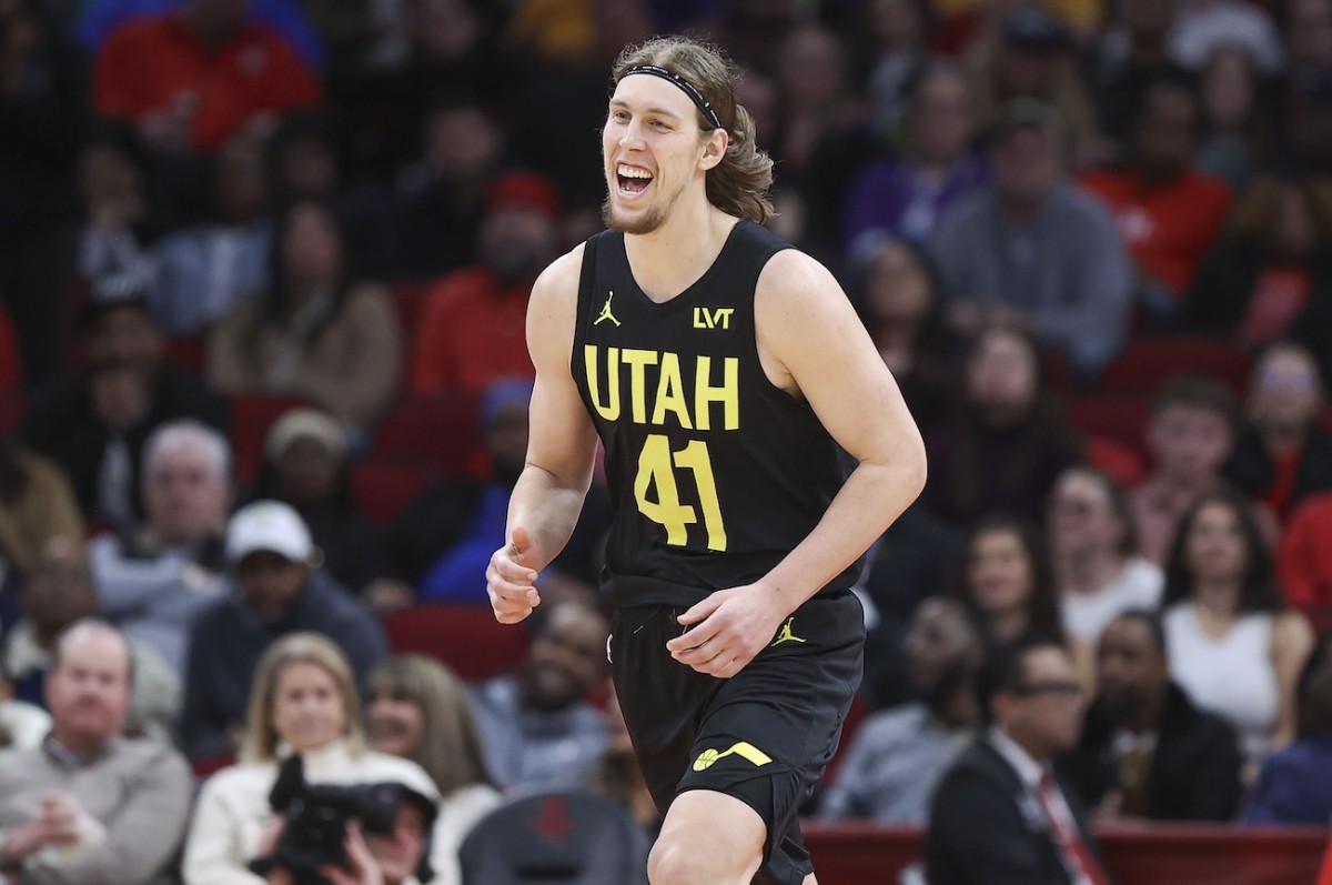 Utah Jazz forward Kelly Olynyk reacts after a play during the game against the Houston Rockets at Toyota Center in Houston on Jan. 20, 2024.