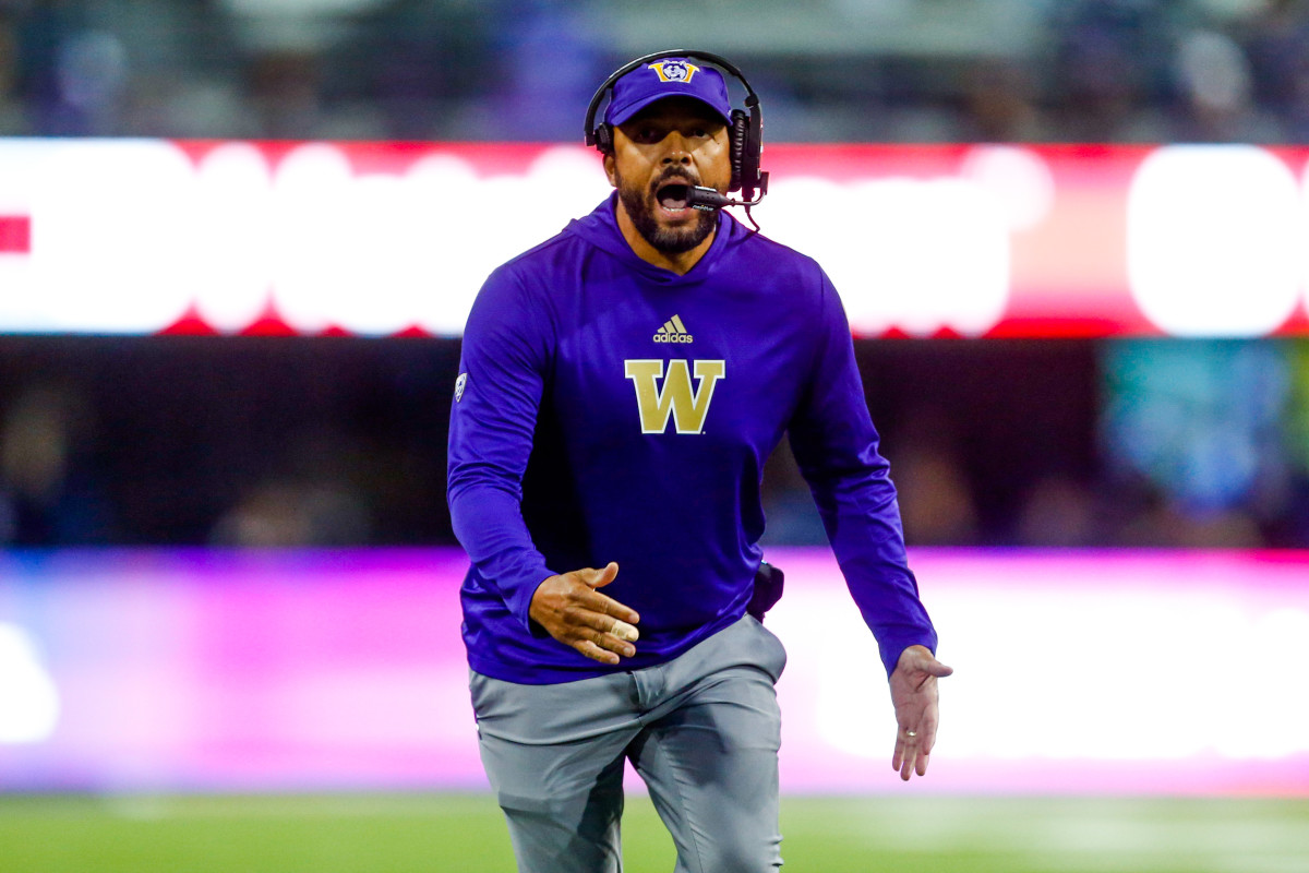 Oct 16, 2021; Seattle, Washington, USA; Washington Huskies head coach Jimmy Lake calls for a timeout during the third quarter against the UCLA Bruins at Alaska Airlines Field at Husky Stadium. 