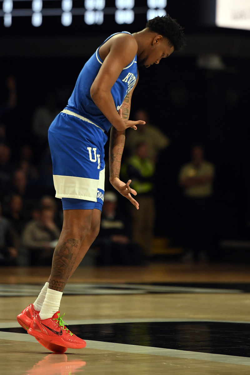 Feb 6, 2024; Nashville, Tennessee, USA; Kentucky Wildcats guard Justin Edwards (1) celebrates after a basket during the first half against the Vanderbilt Commodores at Memorial Gymnasium. Mandatory Credit: Christopher Hanewinckel-USA TODAY Sports