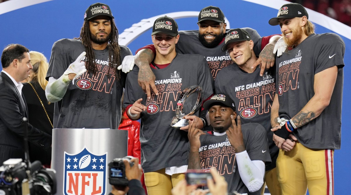 From left to right; San Francisco 49ers linebacker Fred Warner, quarterback Brock Purdy, offensive tackle Trent Williams, wide receiver Deebo Samuel, running back Christian McCaffrey (23) and tight end George Kittle (85) celebrate after winning the NFC Championship game against the Detroit Lions.