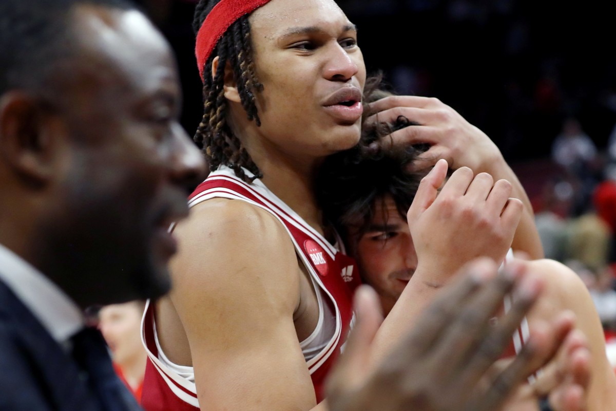 Indiana Hoosiers forward Malik Reneau (5) hugs Trey Galloway (32) after a 76-73 win against the Ohio State Buckeyes at Value City Arena.