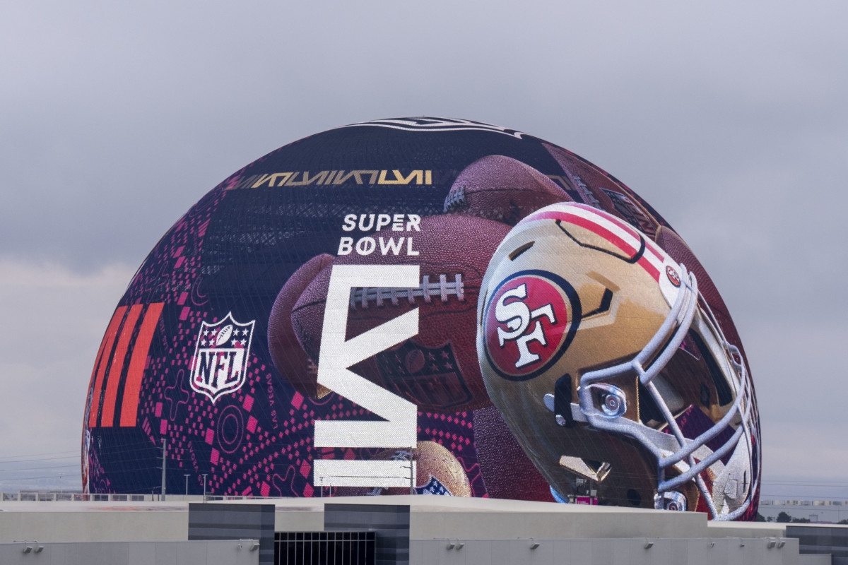 The 49ers logo on the Sphere in Las Vegas on Feb. 6, 2024.