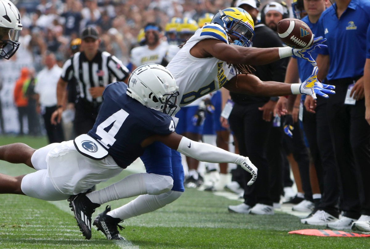 Delaware receiver Chandler Harvin (8) can't get to a pass as he is defended by Penn State's Kalen King in the second quarter at Beaver Stadium, Saturday, Sept. 9, 2023 in University Park, Pa.  