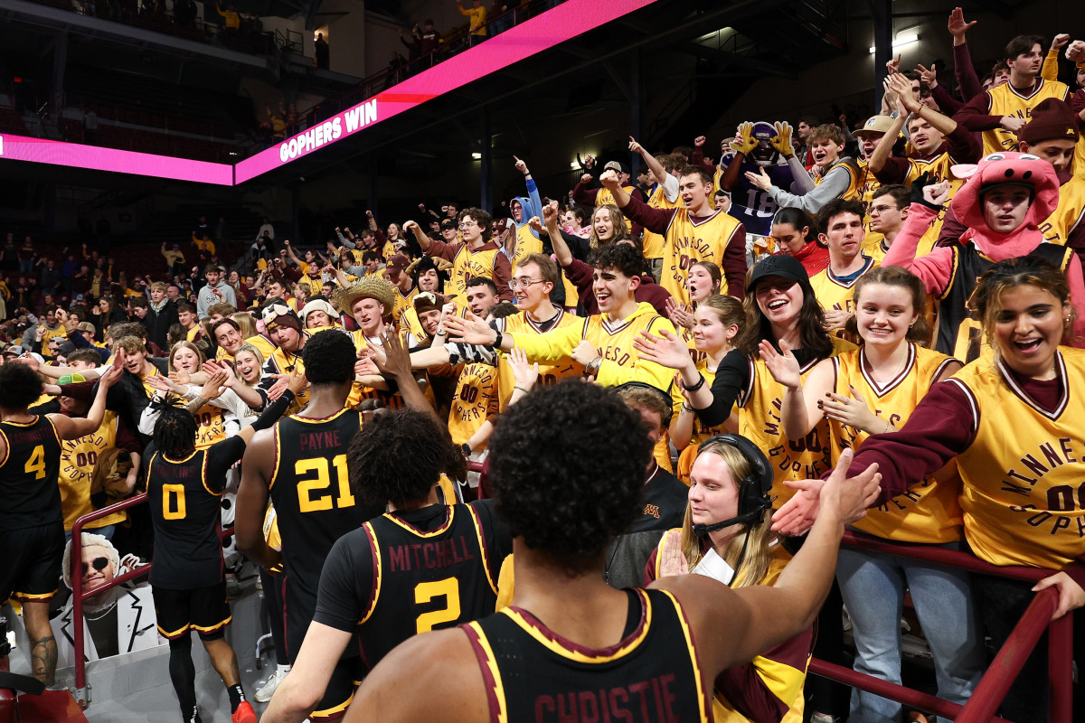 Minnesota players celebrate with the student section after the win against the Michigan State at Williams Arena in Minneapolis on Feb. 6, 2024.